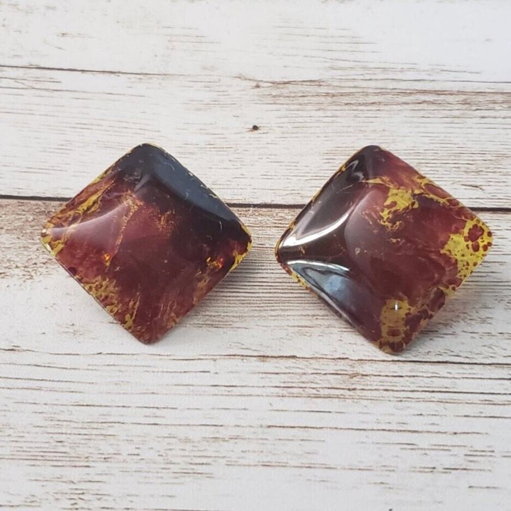 Vintage Clip On Earrings - Brown & Orange Diamond Shape 1.25"